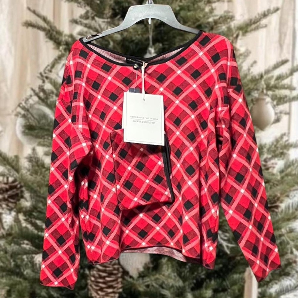 NWT Adrienne Vittadini Red/Black‎ Plaid Sweater With Purse PXL Christmas Gift